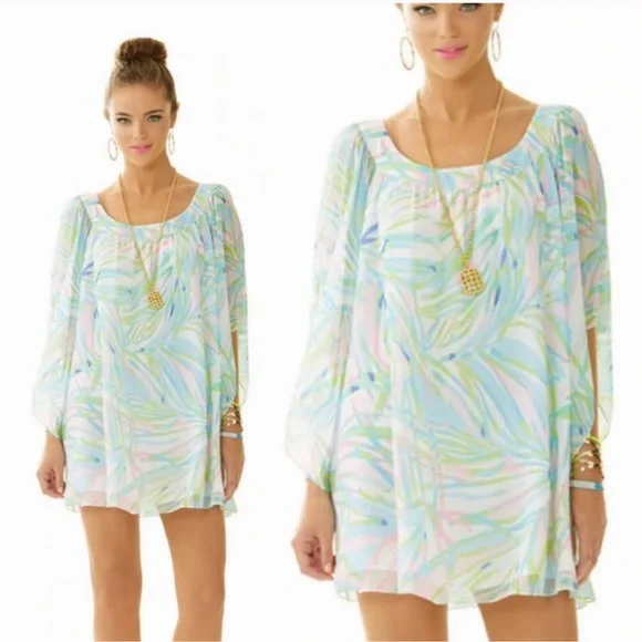 Lilly Pulitzer Silk Marietta Caftan Mini Dress in Salute Print Bell Sleeve Sz M - Picture 6 of 16